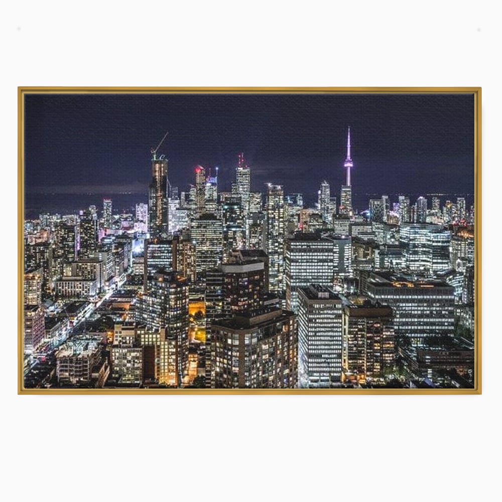 Tablou canvas cu panoramic nocturn cu toronto si cn tower, in rama de aluminiu auriu